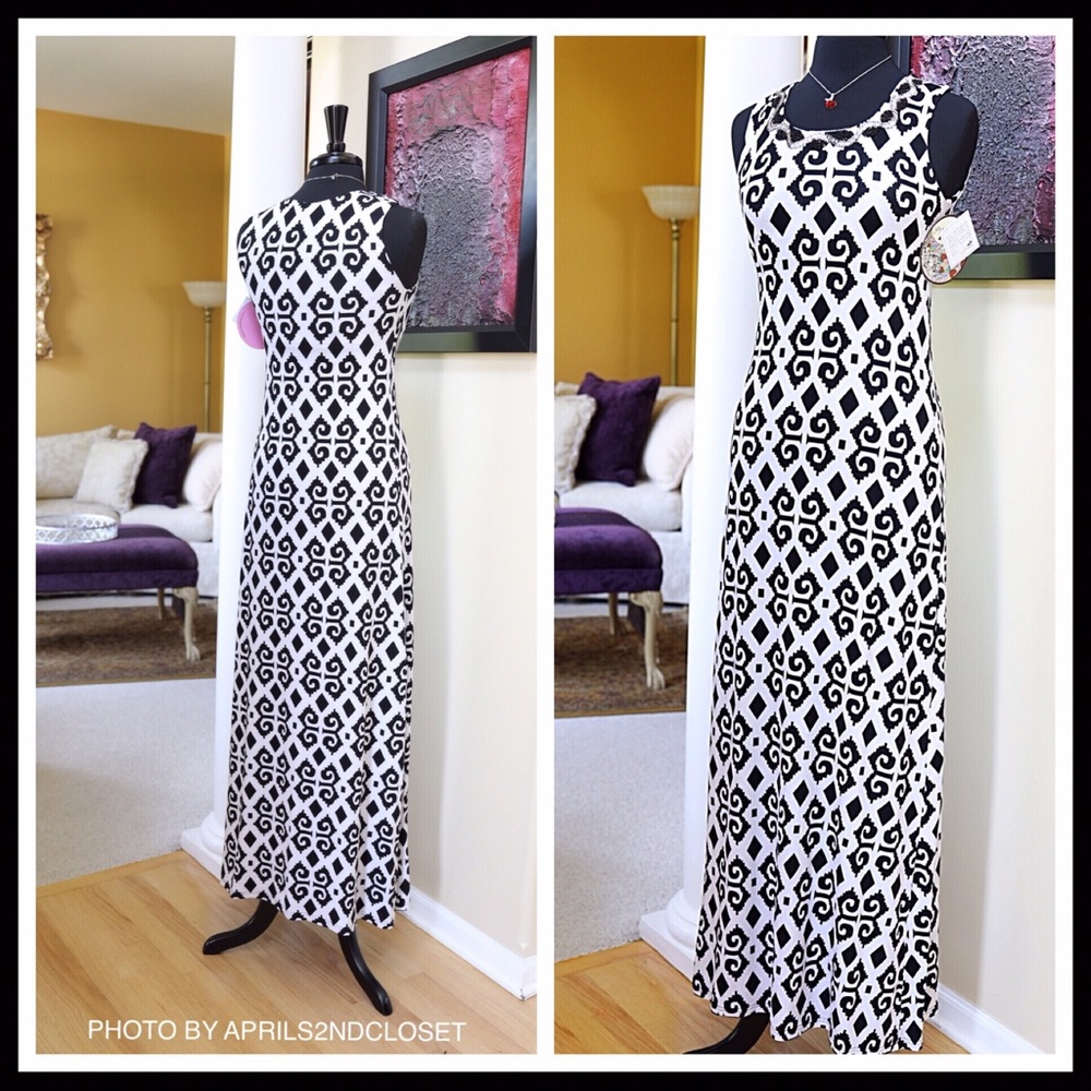 BLACK WHITE BOHO PRINT SUN TANK MAXI DRESS - Picture 10 of 12